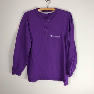 Vintage Champion Spellout Henley Purple Shirt 320